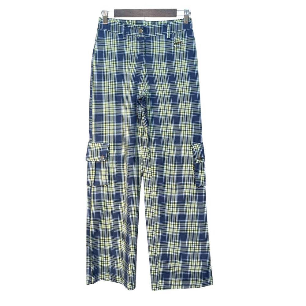 Forever 21 Blue Lime Green Plaid Cargo Pants Wide Leg High Waist Small